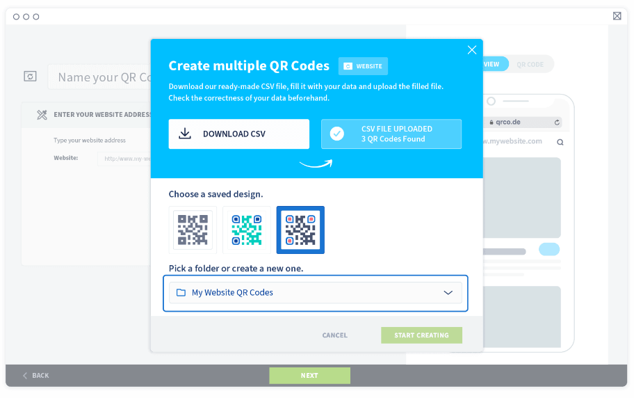 Wenn es keine Fehlermeldungen gibt, können Sie direkt ein gespeichertes QR-Code-Design sowie einen Ordner zum Speichern der neuen QR Codes auswählen