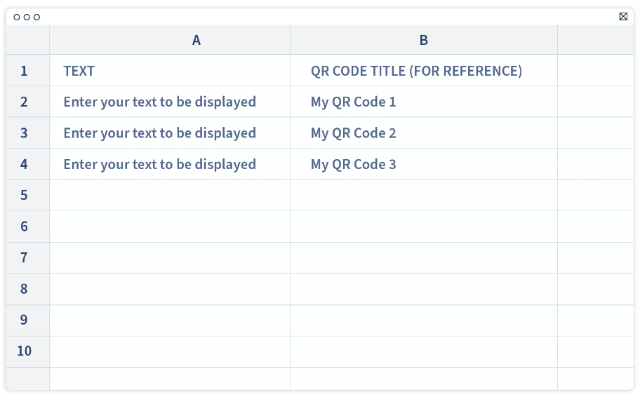 Geben Sie den gewünschten Text und die Titel der QR Codes in jeweils einer Spalte ein. Verwenden Sie für jeden Text und jeden QR-Code-Titel eine separate Zeile.