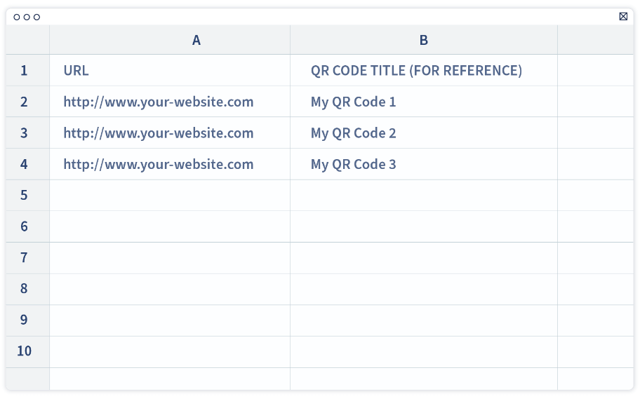 Geben Sie alle Webseiten-URLs und die Titel der Statischen URL-QR Codes in jeweils einer Spalte ein. Verwenden Sie für jede URL und jeden Titel eine separate Zeile.