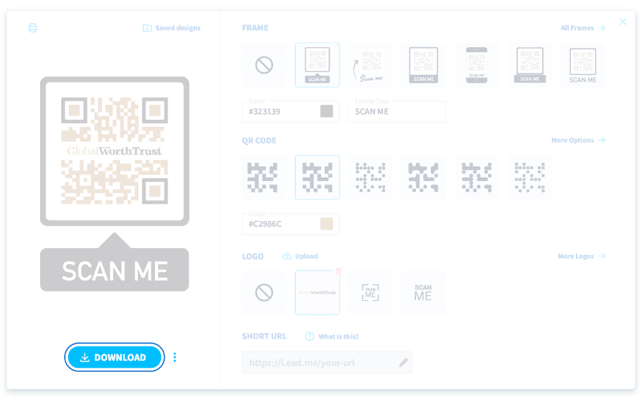 Über den Download-Button gelangen Sie zur Auswahl verschiedener Dateiformate für Ihr QR-Code-Design.