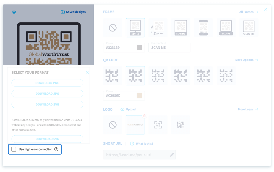 Option zur Auswahl einer höheren Fehlerkorrekturrate beim Download Ihrer QR-Code-Datei.