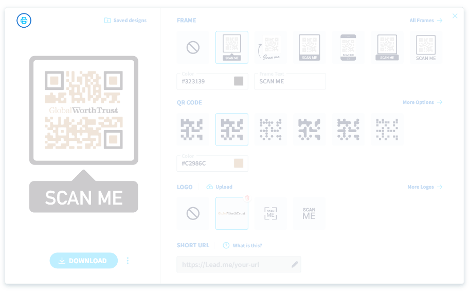 Design- und Download-Optionen für QR Codes.