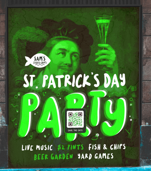 QR Code auf einem Promo-Plakat für eine St. Patrick's Day-Party, der Betrachter zum Scannen auffordert, um den Termin zu speichern.