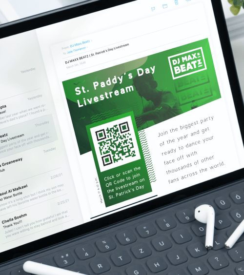 QR Code in einer Promo-E-Mail, mit dem Leser über einen Scan den Livestream von DJ Maxx Beatz an St. Patrick's Day verfolgen können.