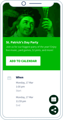 Mobil-optimierte Landingpage mit Event-Informationen für eine St. Patrick's Day-Party.