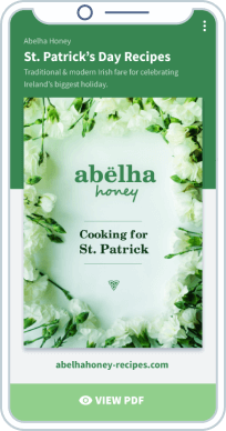 Mobil-optimierte Landingpage mit einem St. Patrick's Day-Rezeptbuch im PDF-Format.