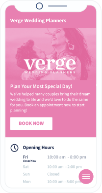 Mobile Landingpage mit den Geschäftszeiten von Verge sowie einem speziellen Button zum Buchen ihrer Dienstleistungen.