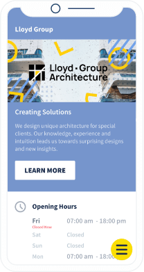 A QR Code landing page for a business that contains information such as operating hours, website URL, social media, and contact details.