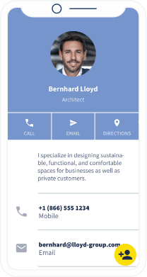 A QR Code landing page that contains the contact details of an architect with a button that saves all the information directly to a smartphone.