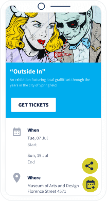 QR-Code-Landingpage mit detaillierten Informationen über die Veranstaltung einer Stadt und einem Button zum schnellen Speichern im Kalender.