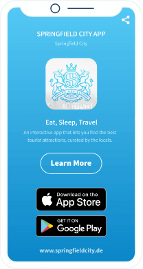 QR-Code-Landingpage der App einer Stadt mit Buttons zum Download über Apple App Store und Google Play Store.