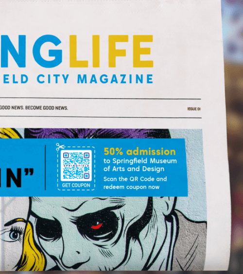 Stadtzeitung mit einem QR Code, der einen Coupon für einen Museumsbesuch verlinkt.