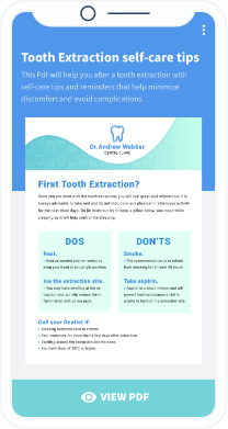 Landingpage mit Button zum Download einer PDF-Datei über die erste Zahnextraktion eines Patienten sowie Hinweisen zum Verhalten nach der Behandlung