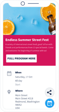QR-Code-Landingpage mit Veranstaltungsdetails und einem Button, über den sämtliche Informationen direkt in einem Smartphone-Kalender gespeichert werden.