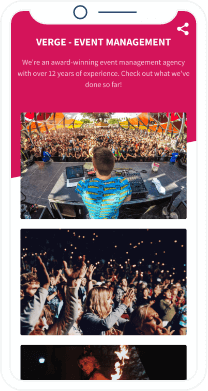 QR-Code-Landingpage mit Veranstaltungsbildern und einem Button zum Buchen der Eventmanagementagentur.