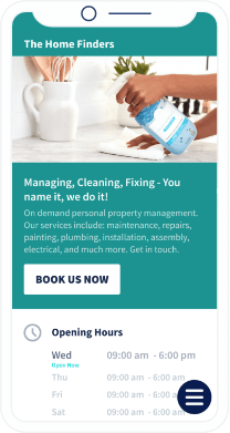A QR Code landing page with business information of a home repairs and maintenance company and a ‘Book Us Now’ button.