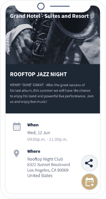 QR-Code-Landingpage mit Details einer Hotelveranstaltung und einem Button zum direkten Speichern aller Informationen in einem Smartphone-Kalender.