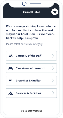 QR-Code-Landingpage eines Hotels mit einem Feedback-Formular für Gäste zum Bewerten verschiedener Kategorien während des Aufenthalts.
