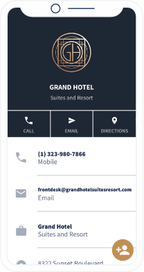 QR-Code-Landingpage mit allen Kontaktinformationen eines Hotels wie Standort, Telefonnummer und E-Mail-Adresse.