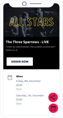 QR-Code-Landingpage mit detaillierten Veranstaltungsinformationen über die Konzerttour einer Band.