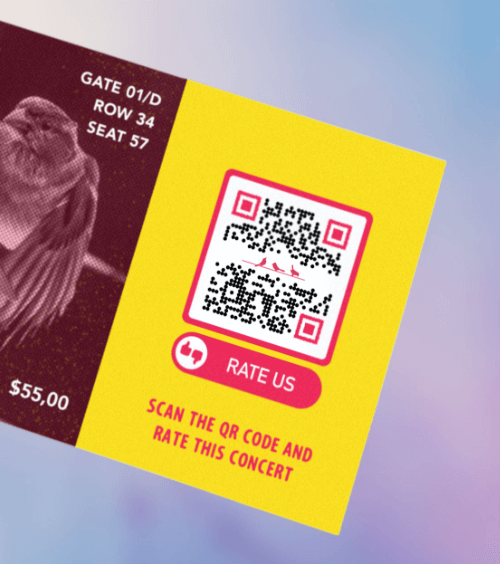 Konzertticket einer Band mit einem QR Code zum Bewerten der Veranstaltung.