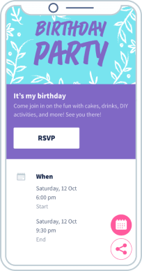 Landingpage mit allen Informationen zu einer Geburtstagsparty wie Uhrzeit, Datum und Adresse