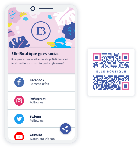 Landingpage eines Social Media-QR Codes zum Anzeigen aller Social-Media-Kanäle in einem Code